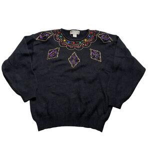 Vintage Bedazzled Western Aztec Beaded Longsleeve Black Sweater Size Medium